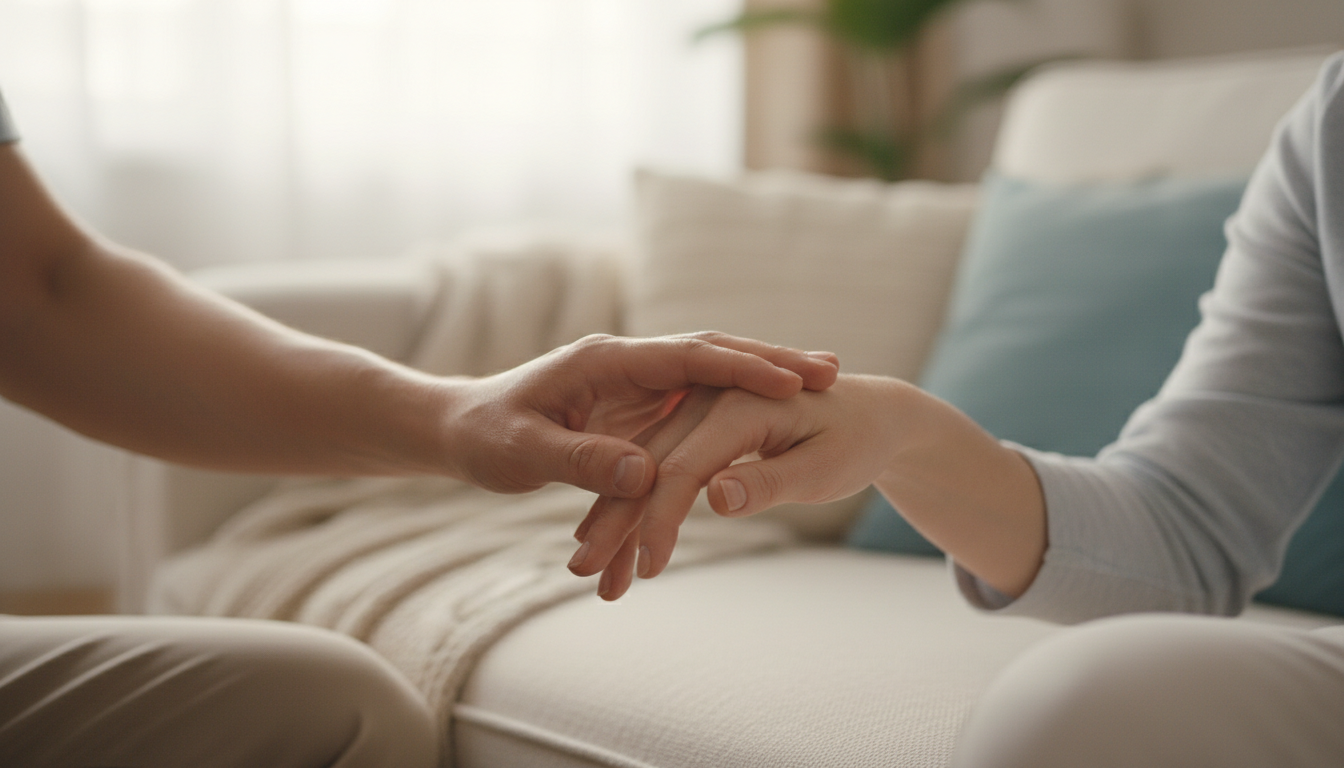 Рука близкого человека, поддерживающая ладонь ослабленного пациента на домашнем диване