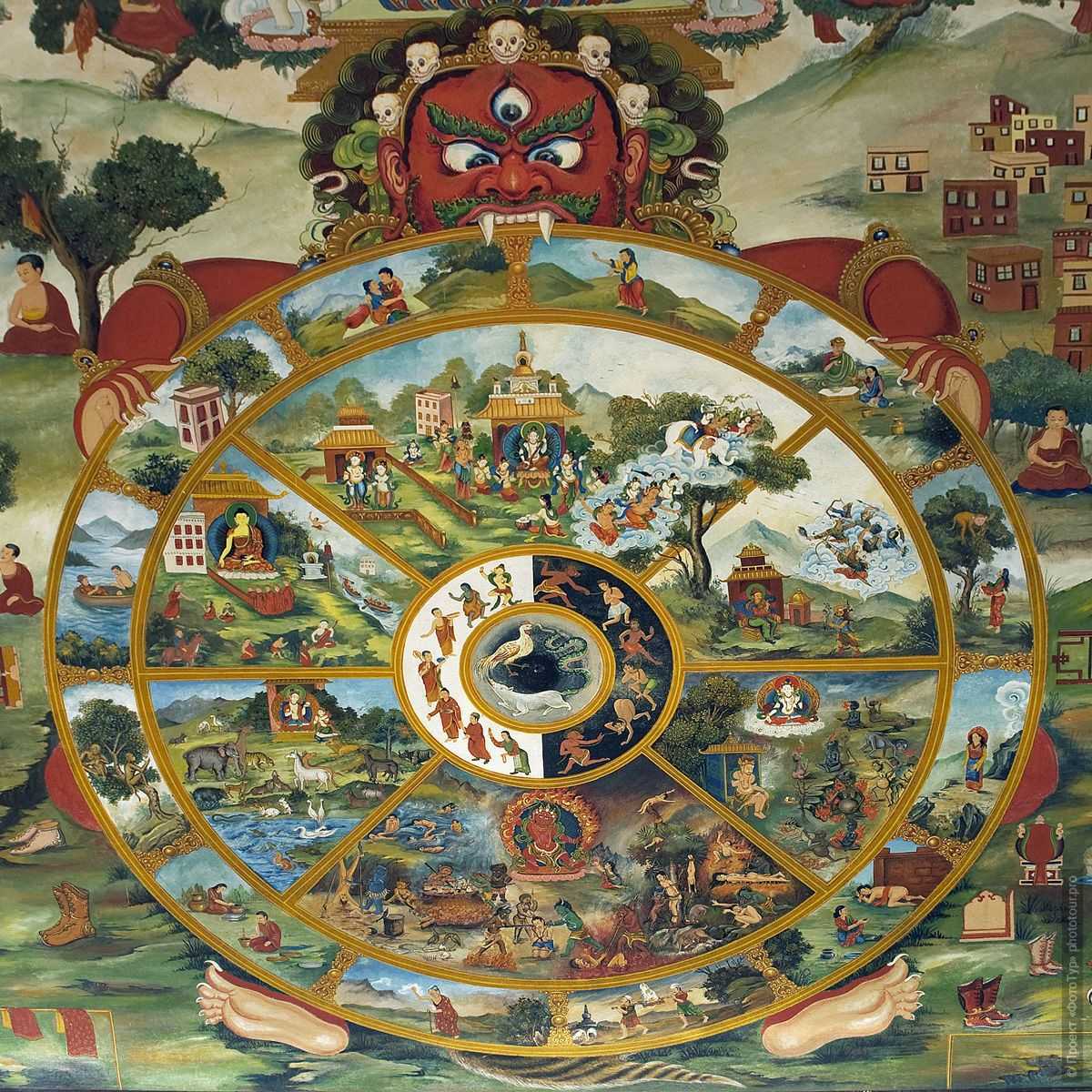 Когда он обратился за советом к Будде Шакьямуни, тот посоветовал ему вручить Утраяне картину, изображающую Просветлённое Существо и под ним круговорот сансары с написанными внизу строками Прибежища и наставлениями о нравственности
