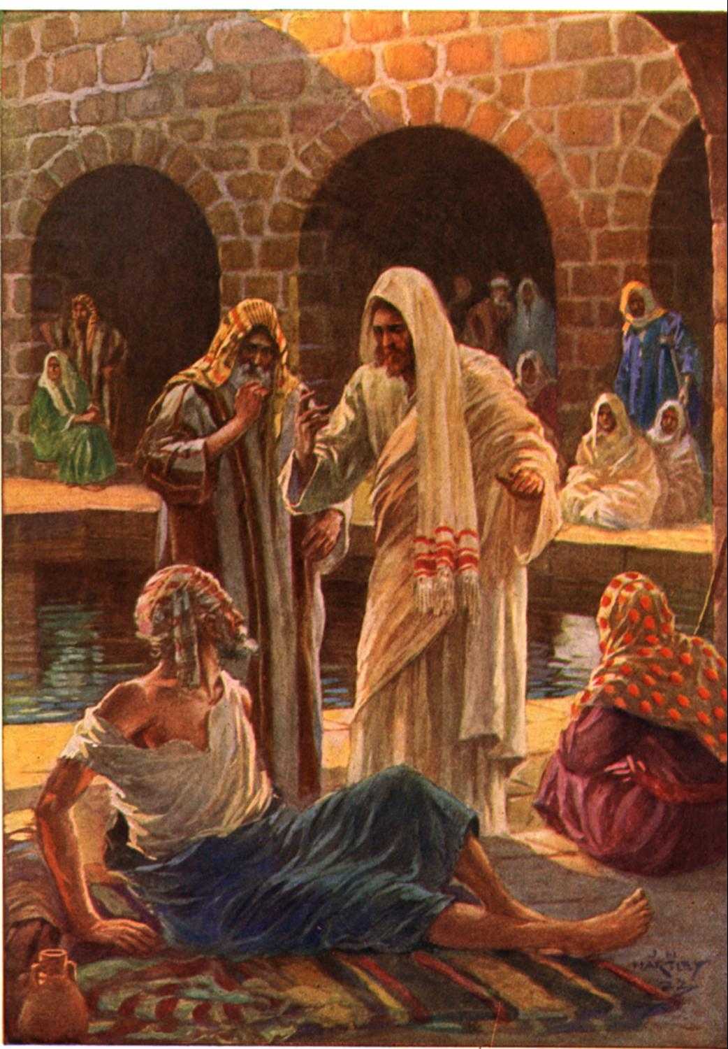 Исцеление христом больных. Иисус Христос Вифезда. Иисус и Исцеленный в купальне Вифезда. Иисус исцеление Вифезда. Купальня Вифезда в Библии.